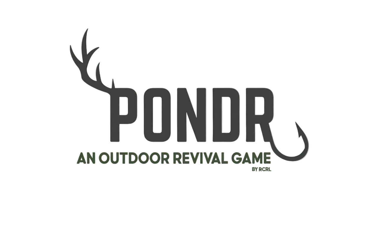 Logo of PONDR, an outdoor revival game by RCRL, with a deer head and hook design on a light gray background.